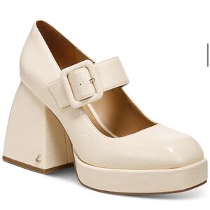 Mary Jane Khiara Shiny Textured Cream Platform Patent Leather Block Heels